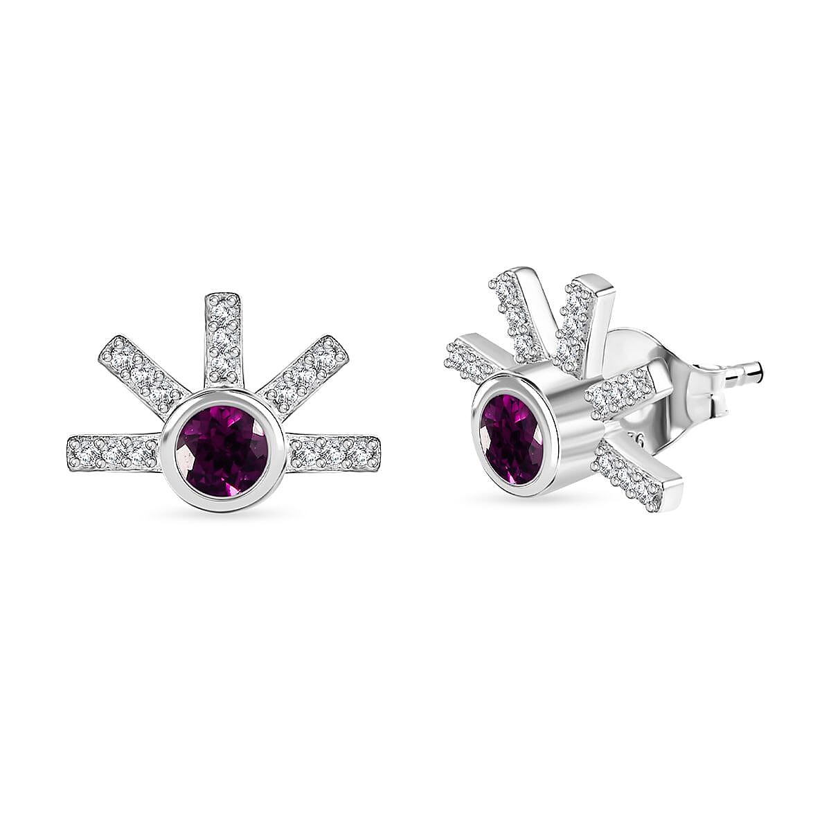 Purple Garnet, White Zircon Solitaire Stud Push Post Earrings in Rhodium Overlay Sterling Silver, 0.918  Ct. 7815247 0