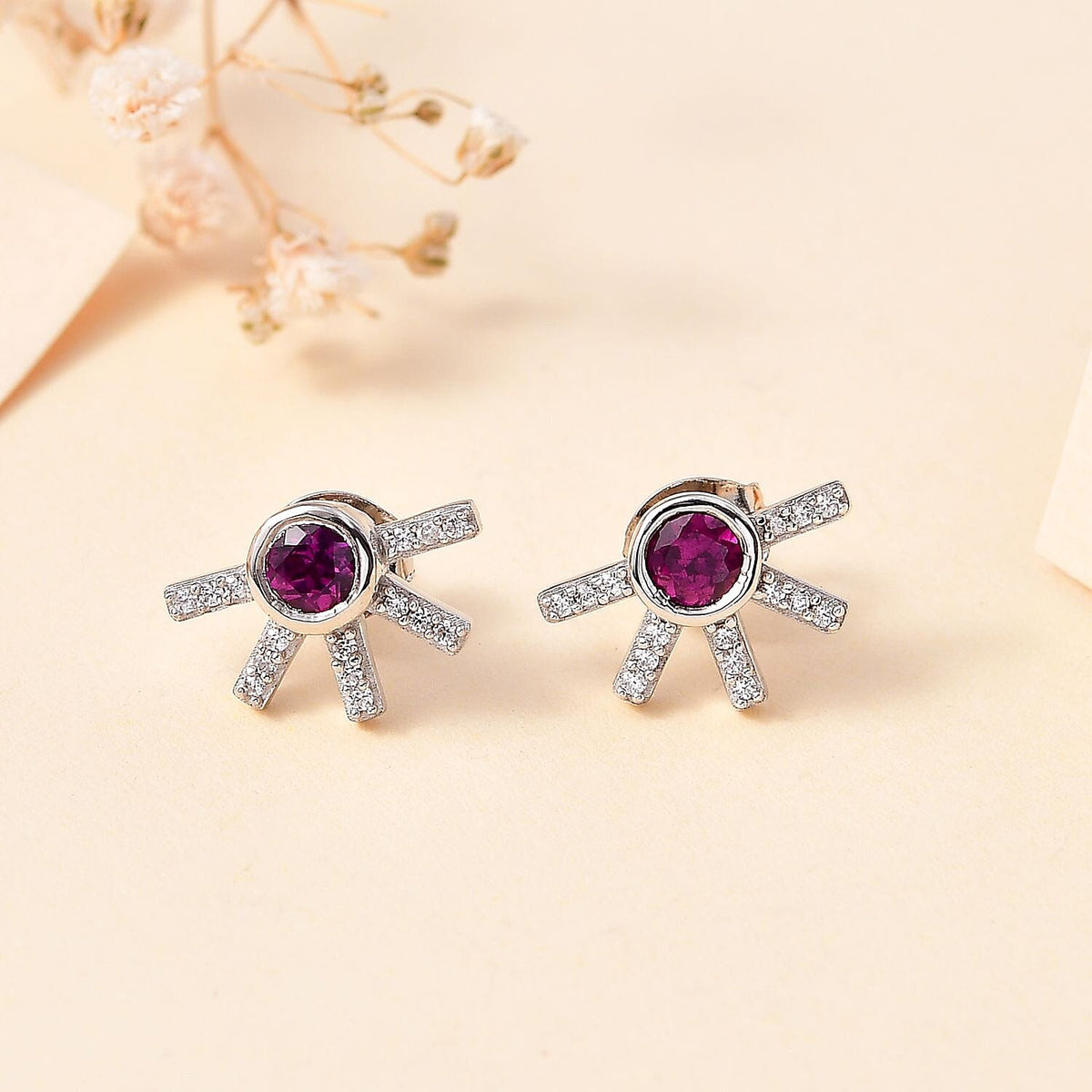 Purple Garnet, White Zircon Solitaire Stud Push Post Earrings in Rhodium Overlay Sterling Silver, 0.918  Ct. 7815247 2