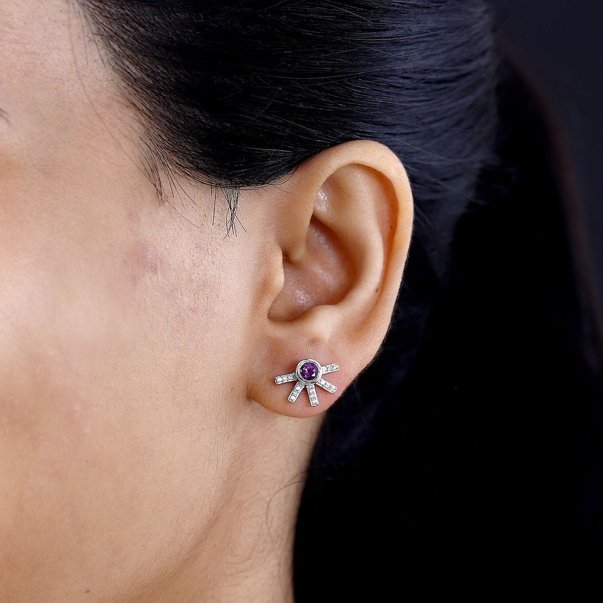 Purple Garnet, White Zircon Solitaire Stud Push Post Earrings in Rhodium Overlay Sterling Silver, 0.918  Ct. 7815247 3