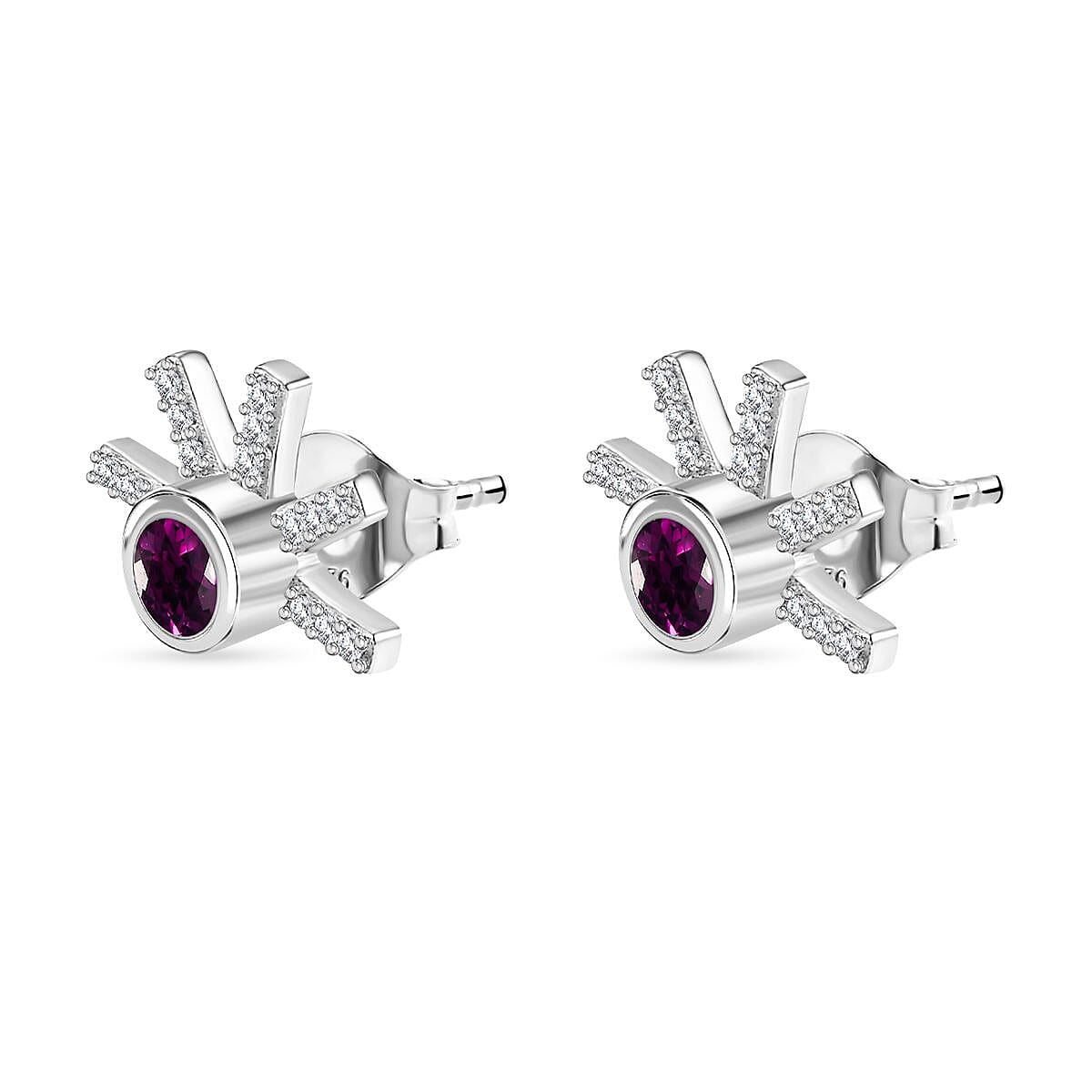 Purple Garnet, White Zircon Solitaire Stud Push Post Earrings in Rhodium Overlay Sterling Silver, 0.918  Ct. 7815247 4