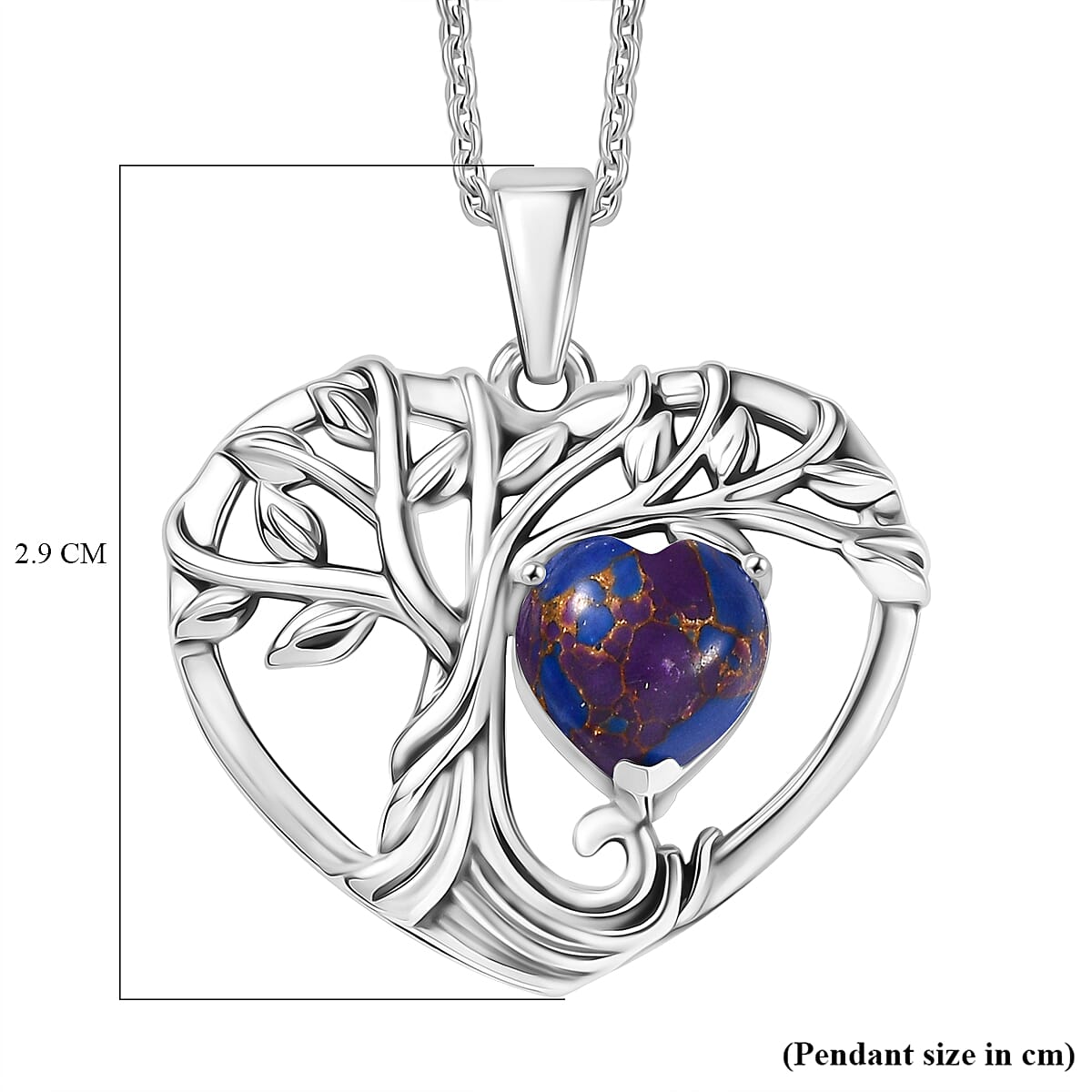 D'Joy Purple Mojave Turquoise Tree of Life Heart Pendant with Cable Chain (Size 20) in Black Oxidised Sterling Silver 1.76 Ct. 4425800 7