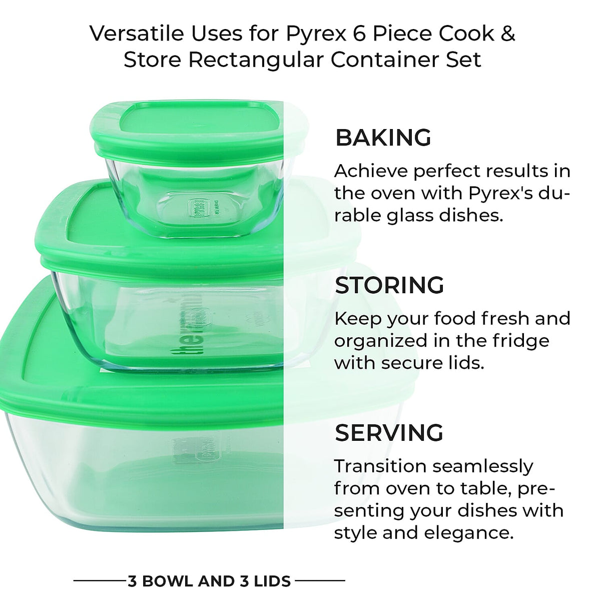 Pyrex 6 Piece Cook &amp; Store Rectangular Dishes Set (3 bowl and 3 Lids) 7672011 2