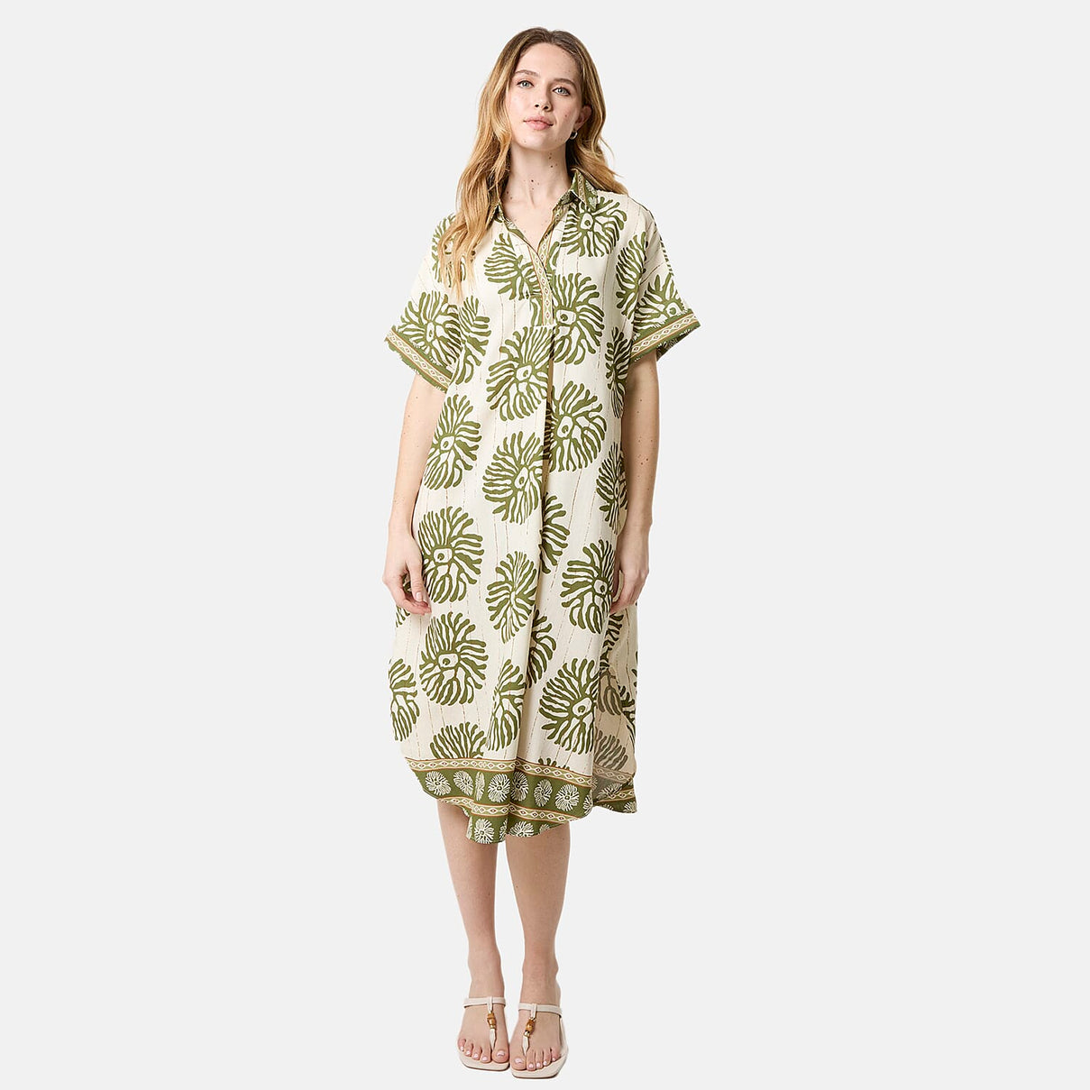 QED Floral Print and Gold Detail Loose Fit Collared Viscose Shirt Dress 8132440 0