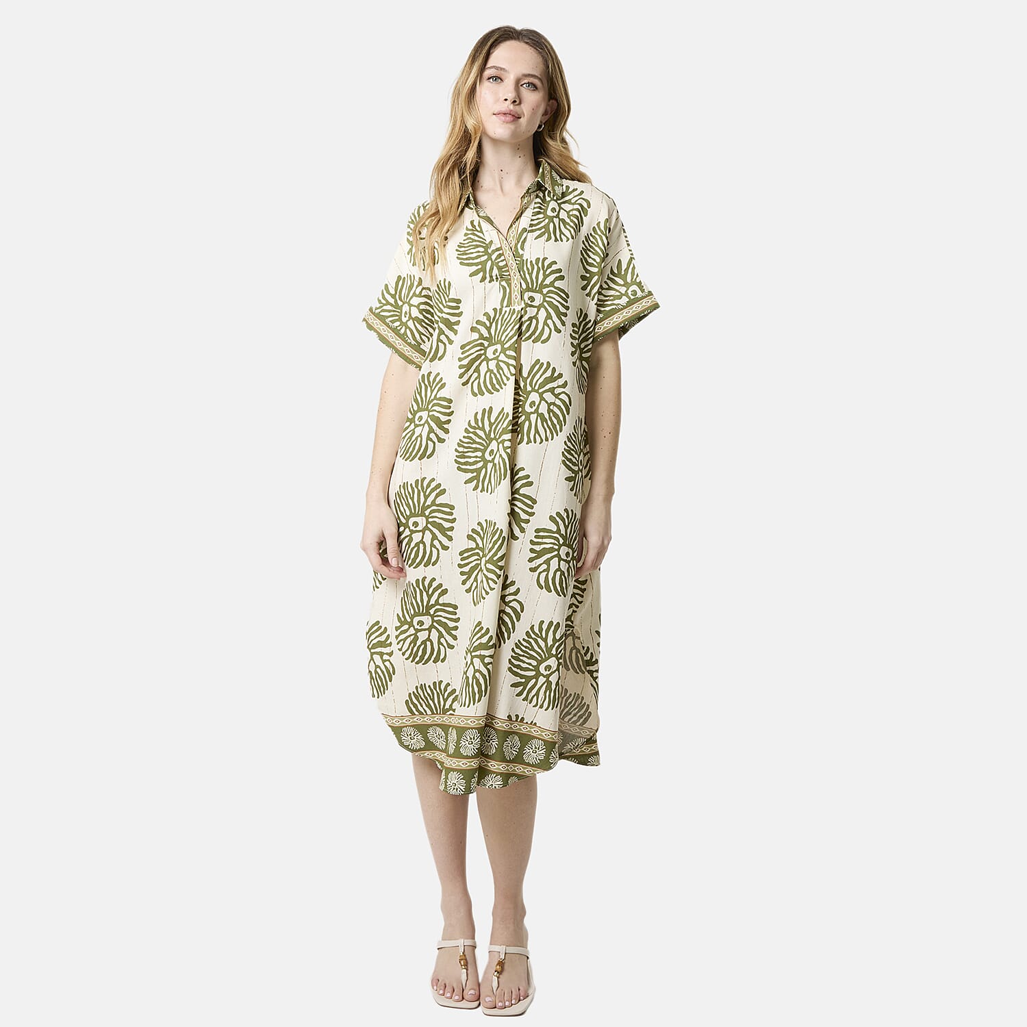 QED Floral Print and Gold Detail Loose Fit Collared Viscose Shirt Dress 8132440 0