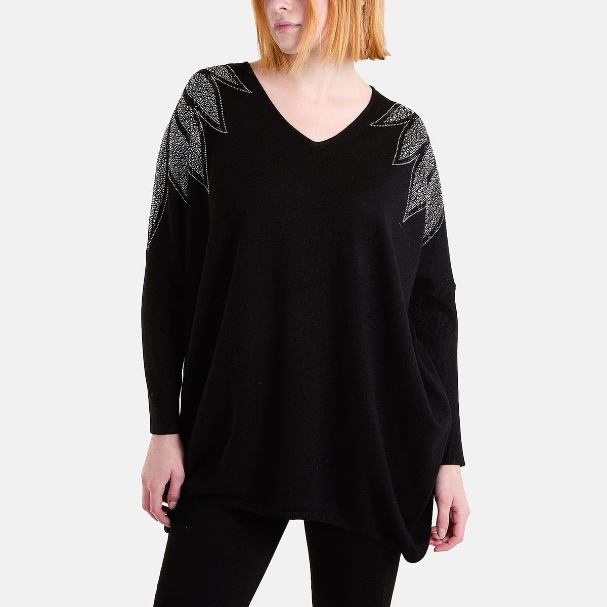 QED Embellished Shoulder V-Neck Jumper (One Size) - Black 8132452 0