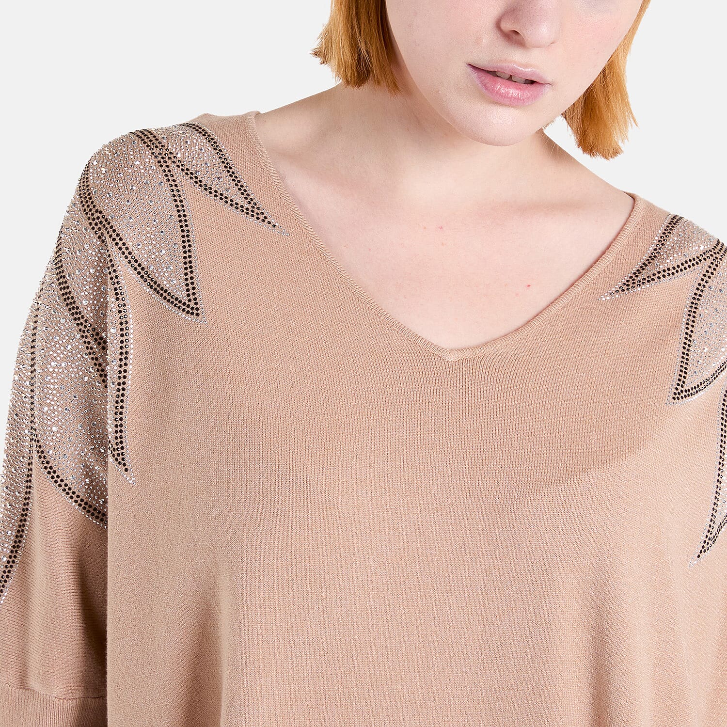 QED Embellished Shoulder V-Neck Jumper (One Size) - Camel V32363525 1