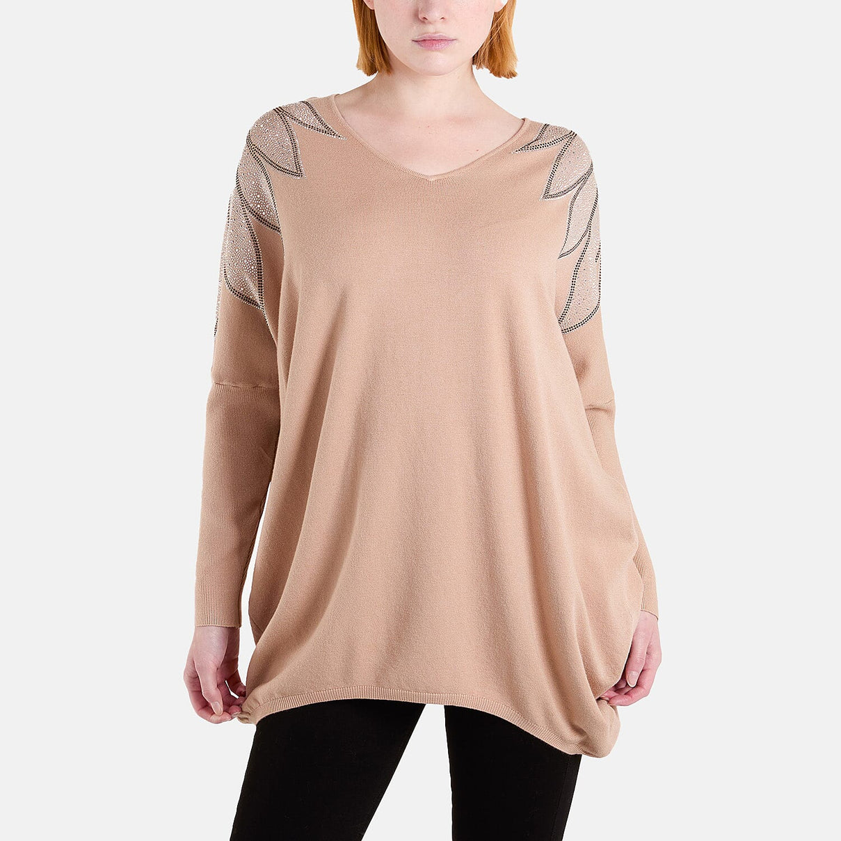 QED Embellished Shoulder V-Neck Jumper (One Size) - Camel V32357534 0