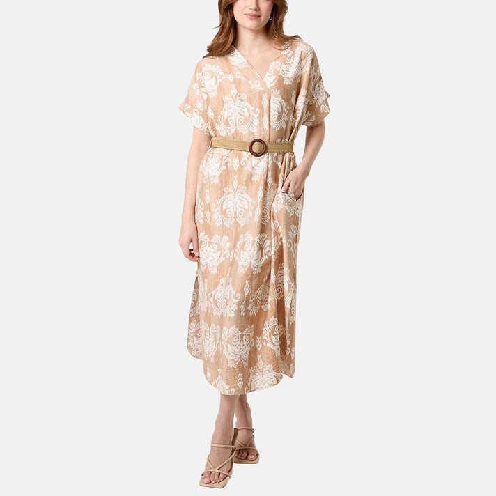 QED London Abstract Floral Print  Dress (One Size) - Beige 8564411 1