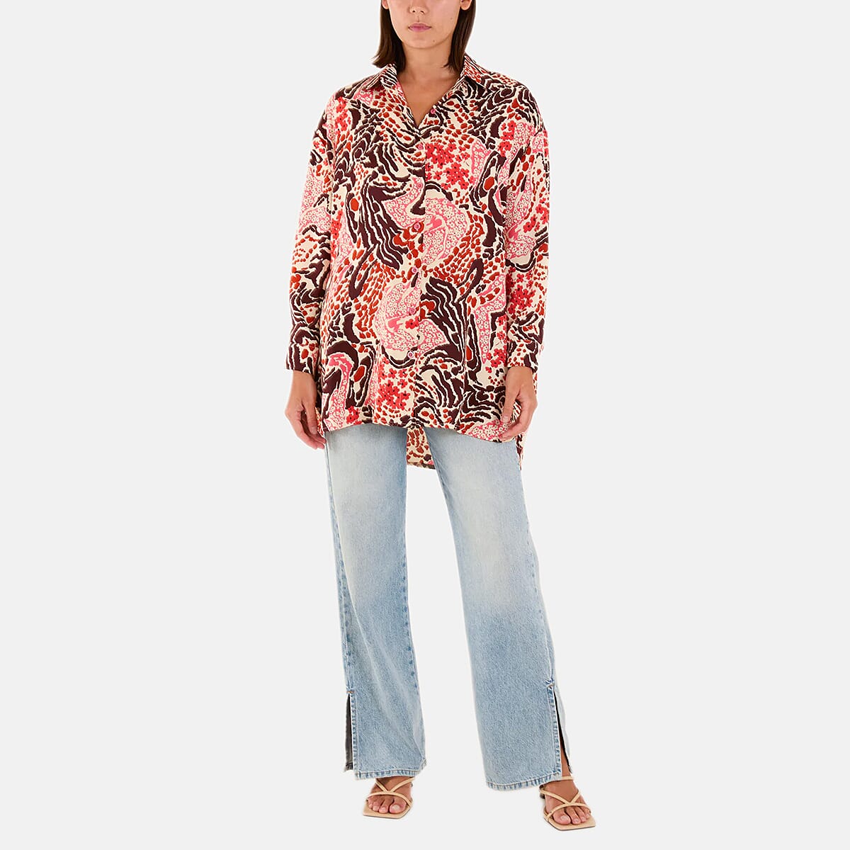 QED London Floral Print Long Sleeve Loose Fit Shirt (Size 8 to 16) - Brown V32516304 0