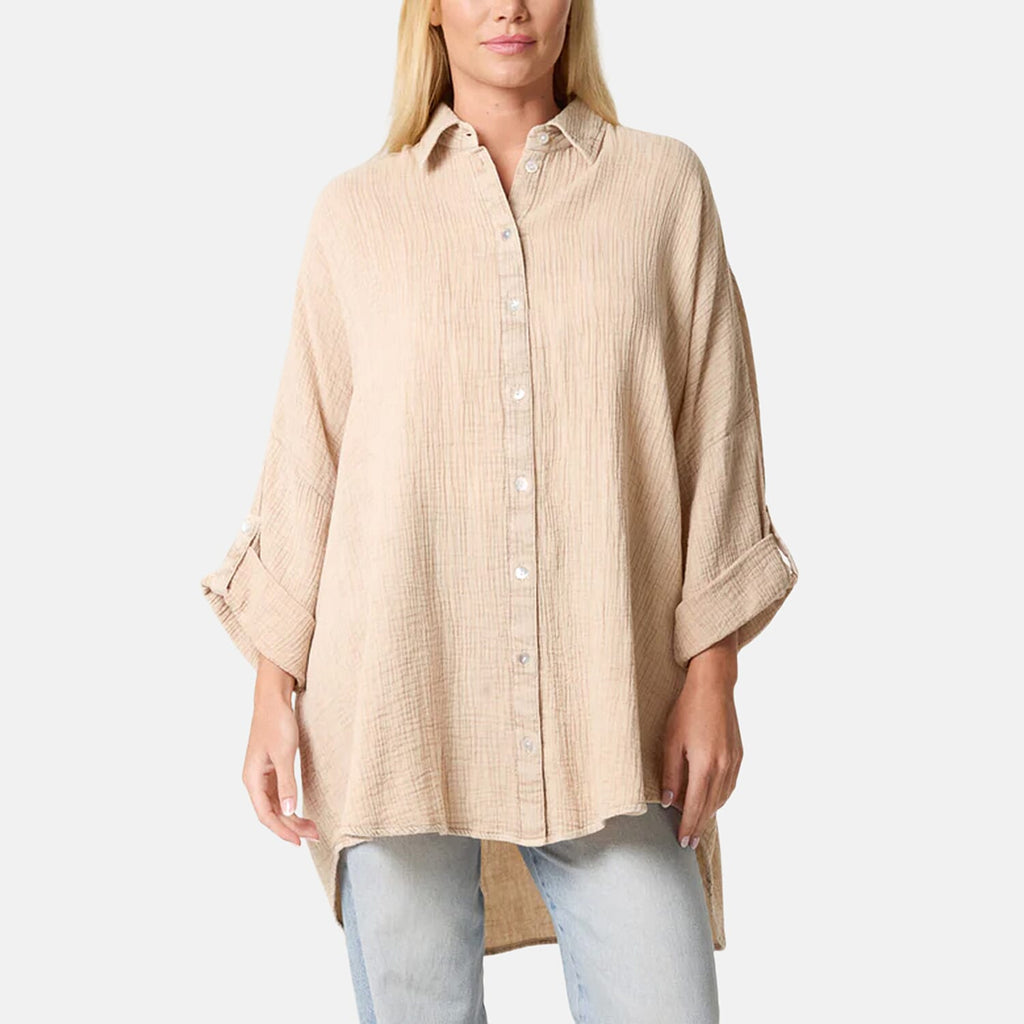 QED Crinkle Loose Fitting Oversized Shirt (Size 10-22) - Stone