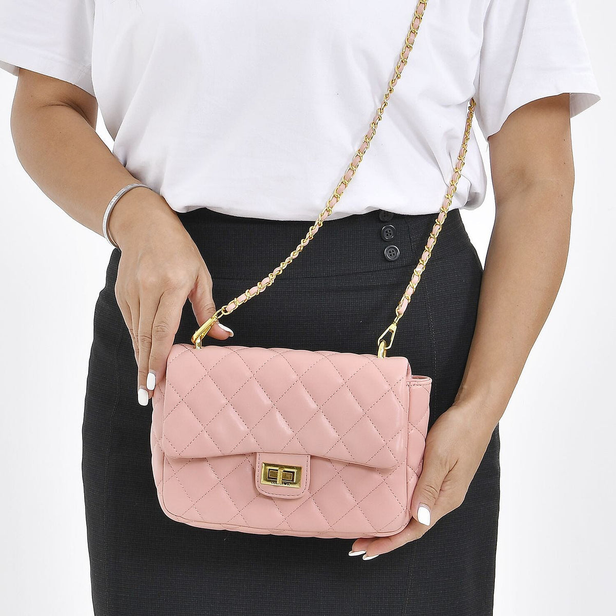 Designer Inspired Quilted Pattern Crossbody Bag with Shoulder Chain Strap - Pink 7545857 2