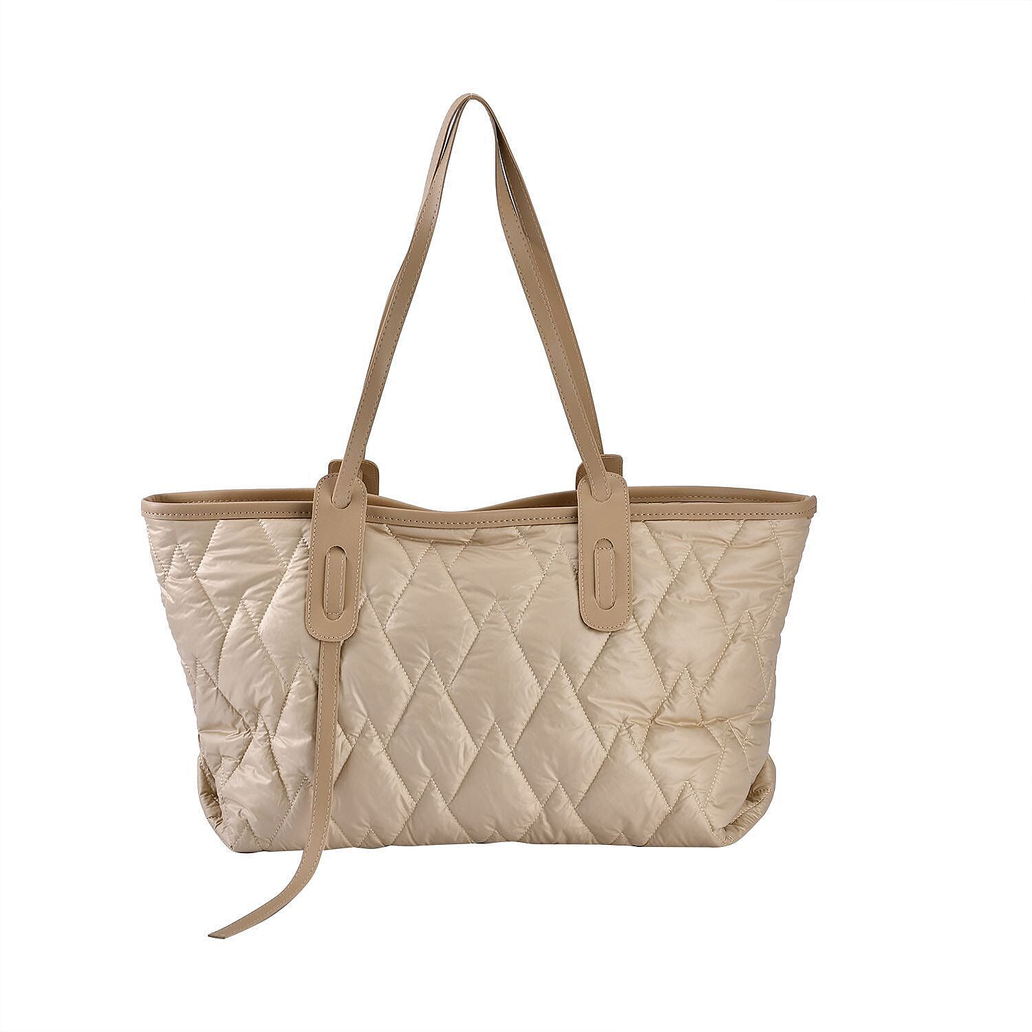 Quilted Pattern Tote Bag with Hand Drop - Beige 7164194 0
