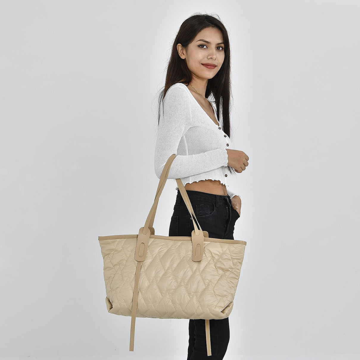 Quilted Pattern Tote Bag with Hand Drop - Beige 7164194 1