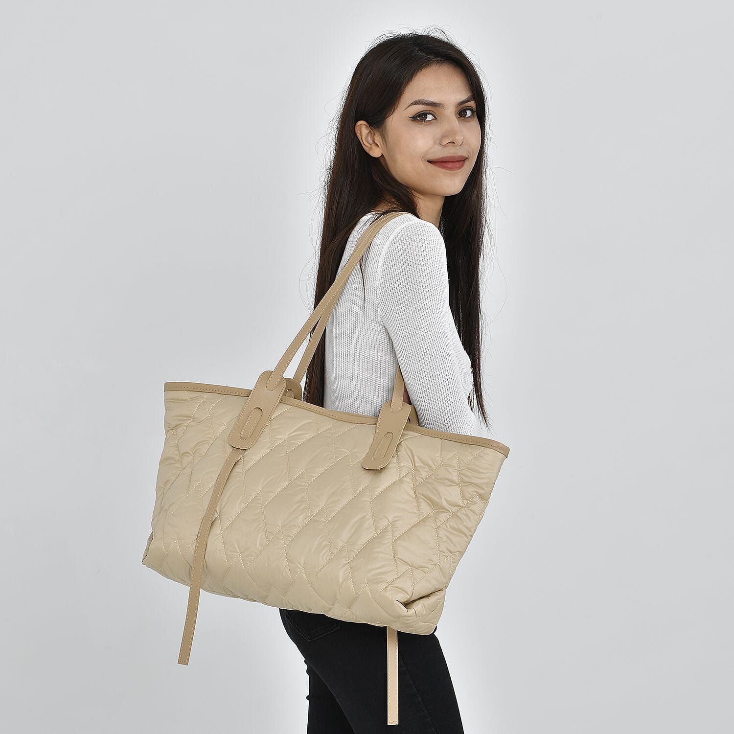 Quilted Pattern Tote Bag with Hand Drop - Beige 7164194 2