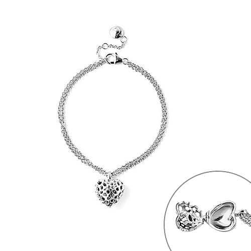 RACHEL GALLEY Angel Heart Collection - Chrome Diopside Lattice Heart Charm Bracelet (Size 8 with Extender) in Rhodium Overlay Sterling Silver