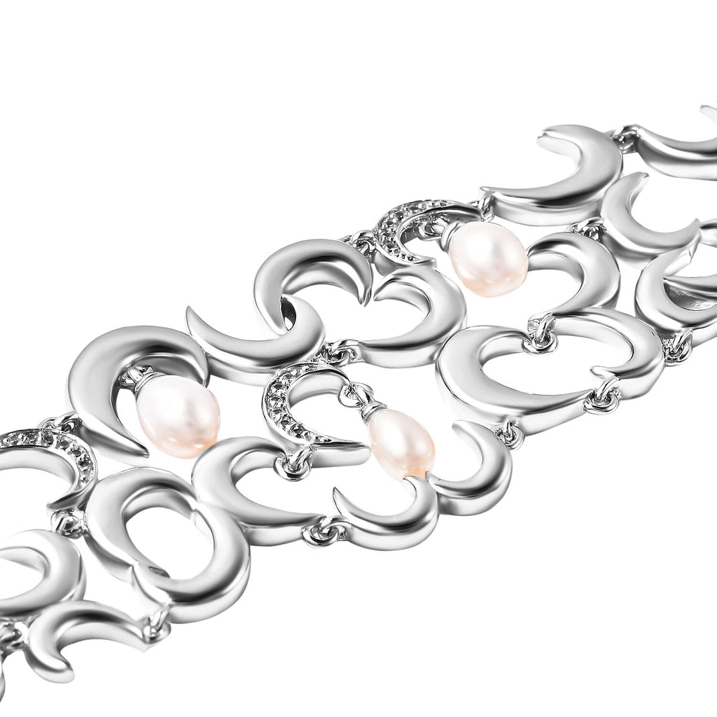 RACHEL GALLEY Fresh Water Pearl and Natural Cambodian Zircon Bracelet (Size 8) in Rhodium Overlay Sterling Silver 3.25 Ct, Silver wt. 23.44 Gms