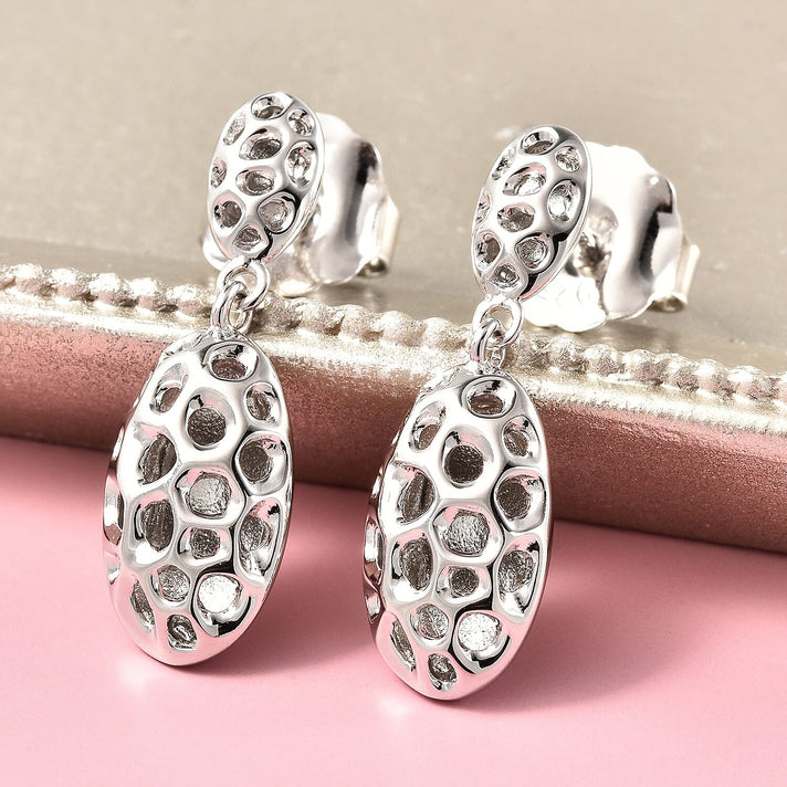RACHEL GALLEY Rhodium Overlay Sterling Silver Charmed Pebble Lattice Drop Earrings (with Push Back) 2433318 2