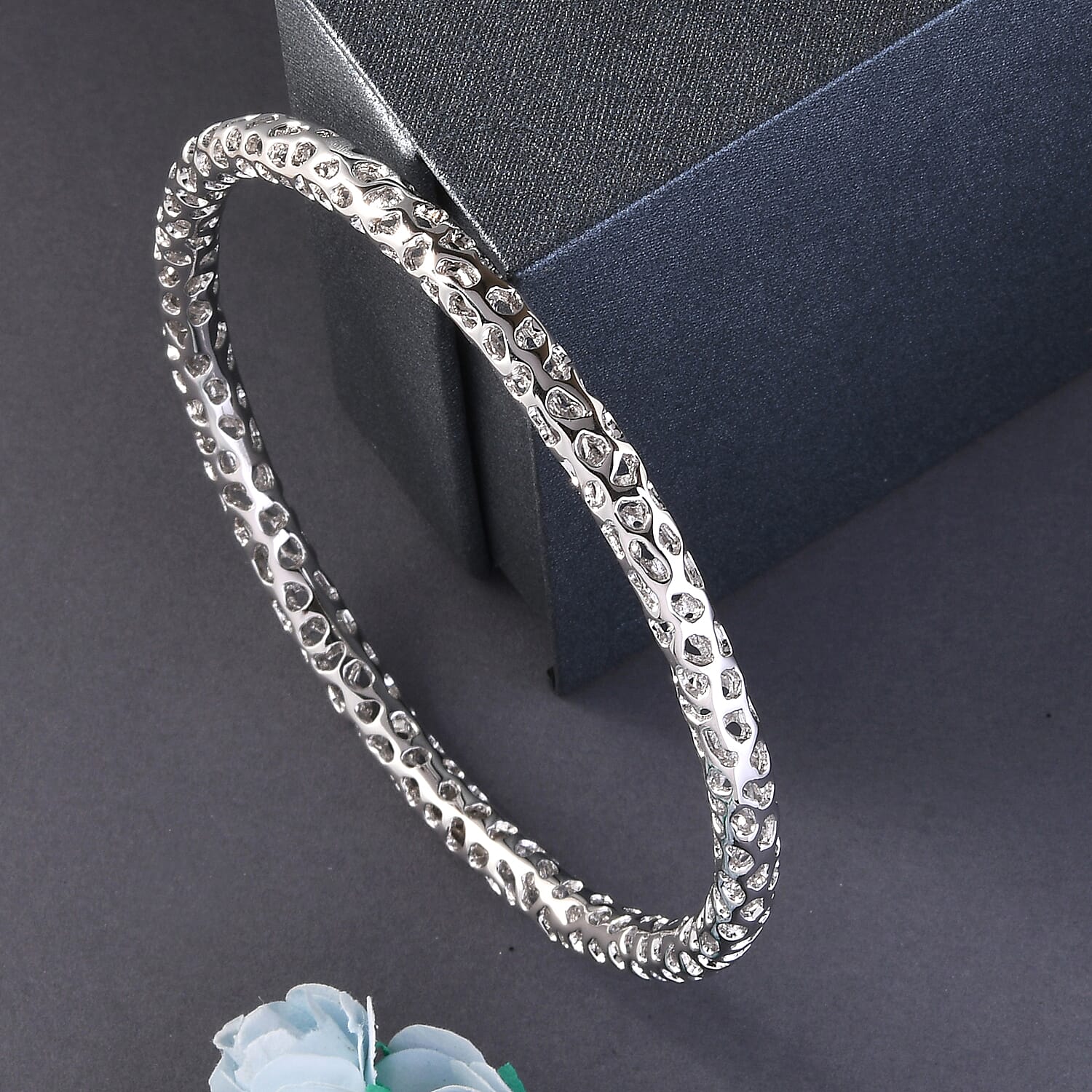 RACHEL GALLEY Rhodium Overlay Sterling Silver Lattice Bangle (SIze 8.5), Silver Wt. 19.0 Gms 3861492 2