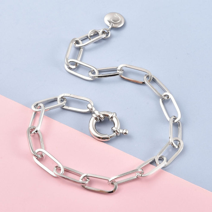 RACHEL GALLEY Rhodium Overlay Sterling Silver Oval Link Bracelet (Size 7.5) with Senorita Clasp, Silver 6.47 Wt Gms 3869584 2