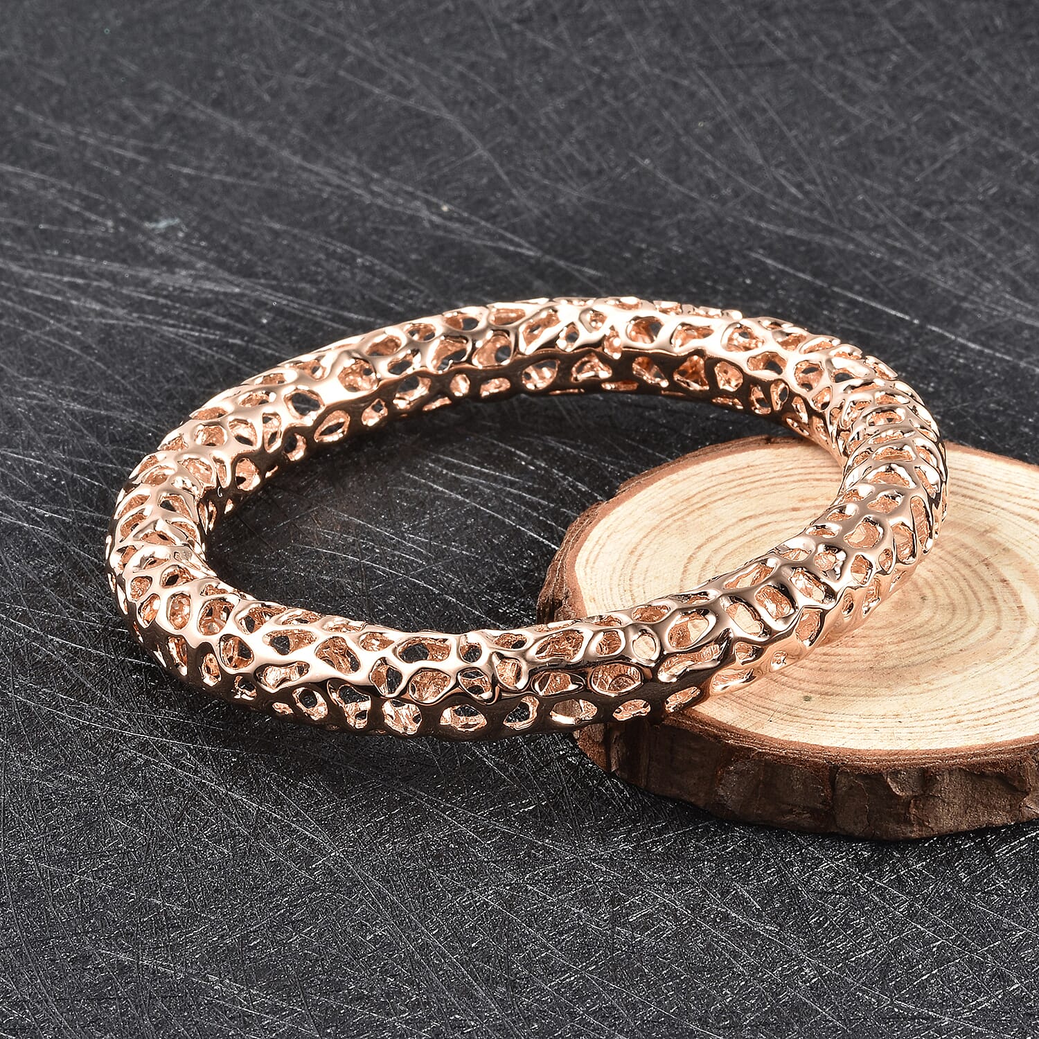 RACHEL GALLEY Rose Gold Overlay Sterling Silver Lattice Bangle with Pebble (Size 8 ), Silver Wt. 46.45 Gms 3866565 1