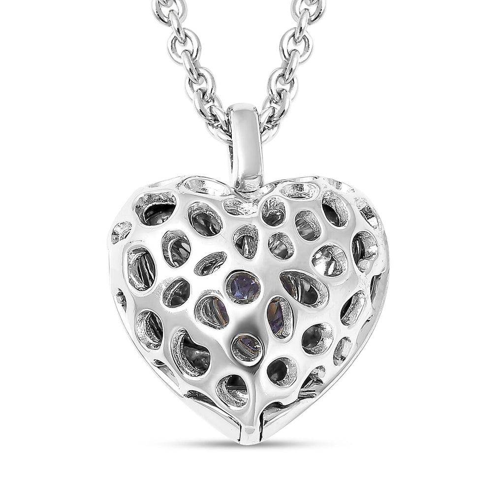 RACHEL GALLEY Angel Heart Collection - Tanzanite Lattice Heart Locket Pendant with Chain (Size 20) in Rhodium Overlay Sterling Silver