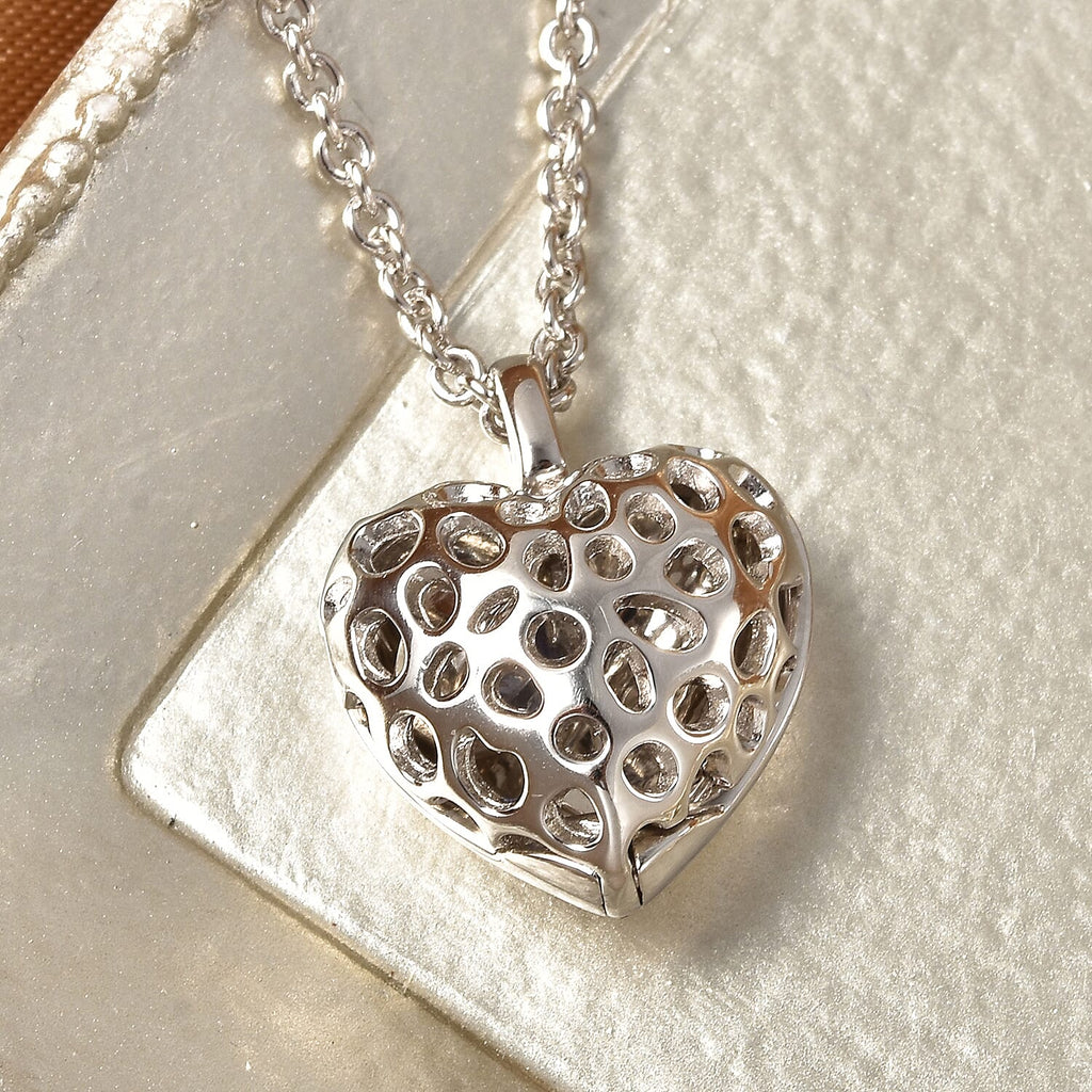 RACHEL GALLEY Angel Heart Collection - Tanzanite Lattice Heart Locket Pendant with Chain (Size 20) in Rhodium Overlay Sterling Silver