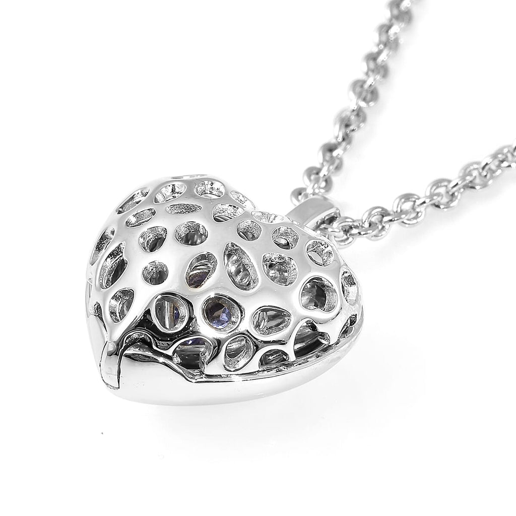 RACHEL GALLEY Angel Heart Collection - Tanzanite Lattice Heart Locket Pendant with Chain (Size 20) in Rhodium Overlay Sterling Silver
