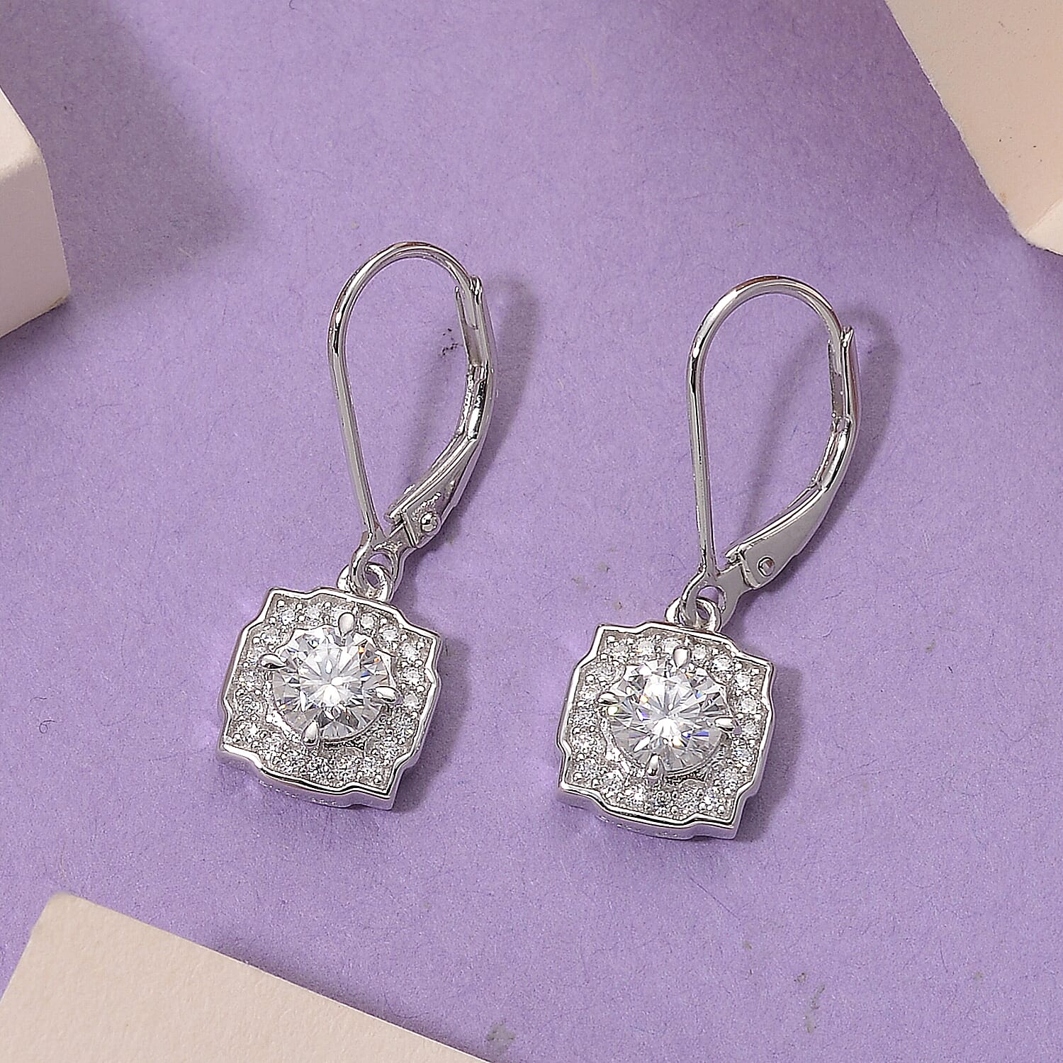 D'joy RADIANTA GRA Certified 1.17 Ct. Moissanite Halo Earring with Lever Back in Rhodium Overlay Sterling Silver 8204257 2