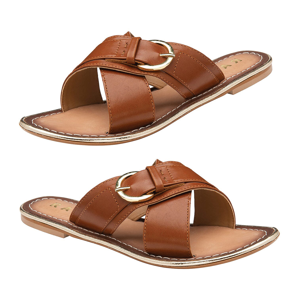 RAVEL Tan Nola Leather Flat Sandals (Size 3)