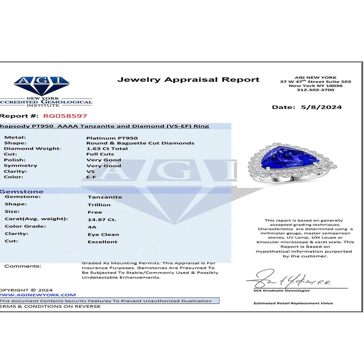 Chairman Vault Collection - RHAPSODY 950 Platinum AGI Certified AAAA Tanzanite and White Diamond (VS-E-F) Ring 16.60 Ct 7769389 6