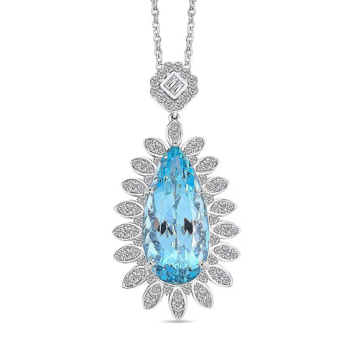 RHAPSODY 950 Platinum AGI Certified Santamaria Aquamarine &amp; White Diamond Halo Pendant with Chain (Size - 18) 17.85 Ct. 4408051 1