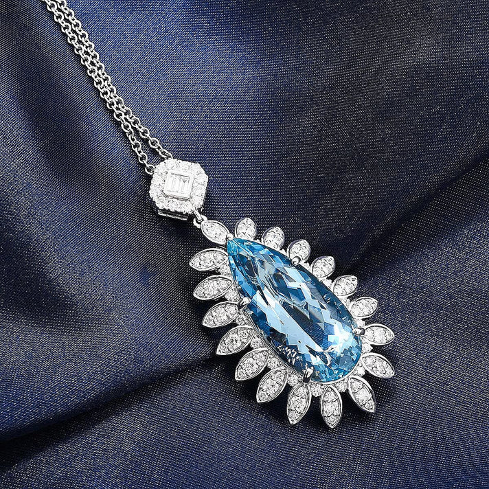 RHAPSODY 950 Platinum AGI Certified Santamaria Aquamarine &amp; White Diamond Halo Pendant with Chain (Size - 18) 17.85 Ct. 4408051 2