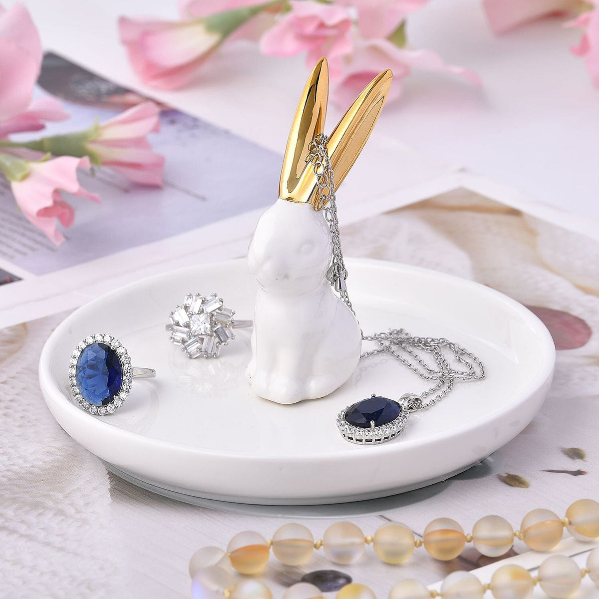 Rabbit Jewellery Organiser (Size 13x13x8 cm) - White Body &amp; Gold Ear 7504912 1