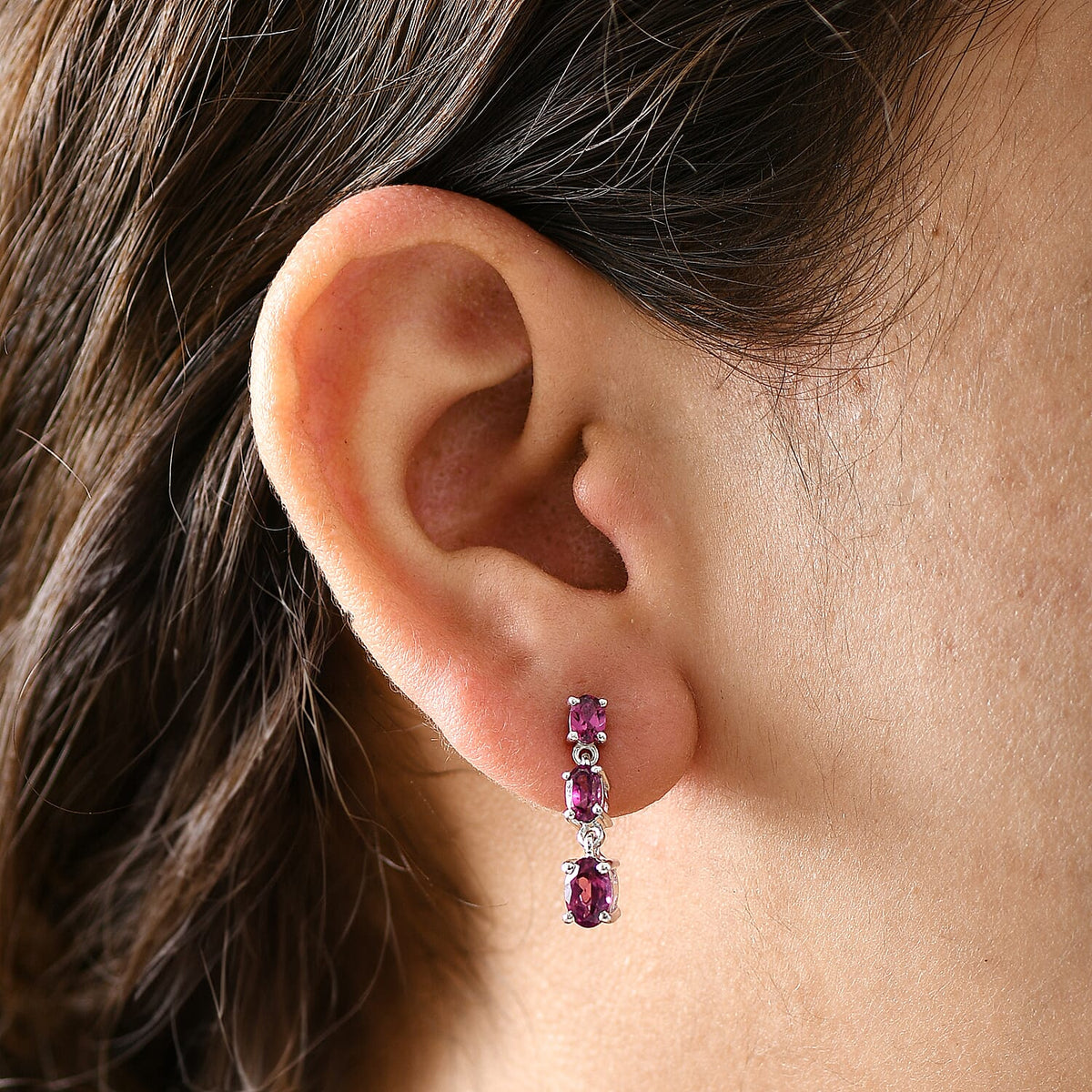 Radiant Ember Garnet Linear Dangling Earring with Push Back in Rhodium Overlay Sterling Silver 2.27 Ct. 8084446 3