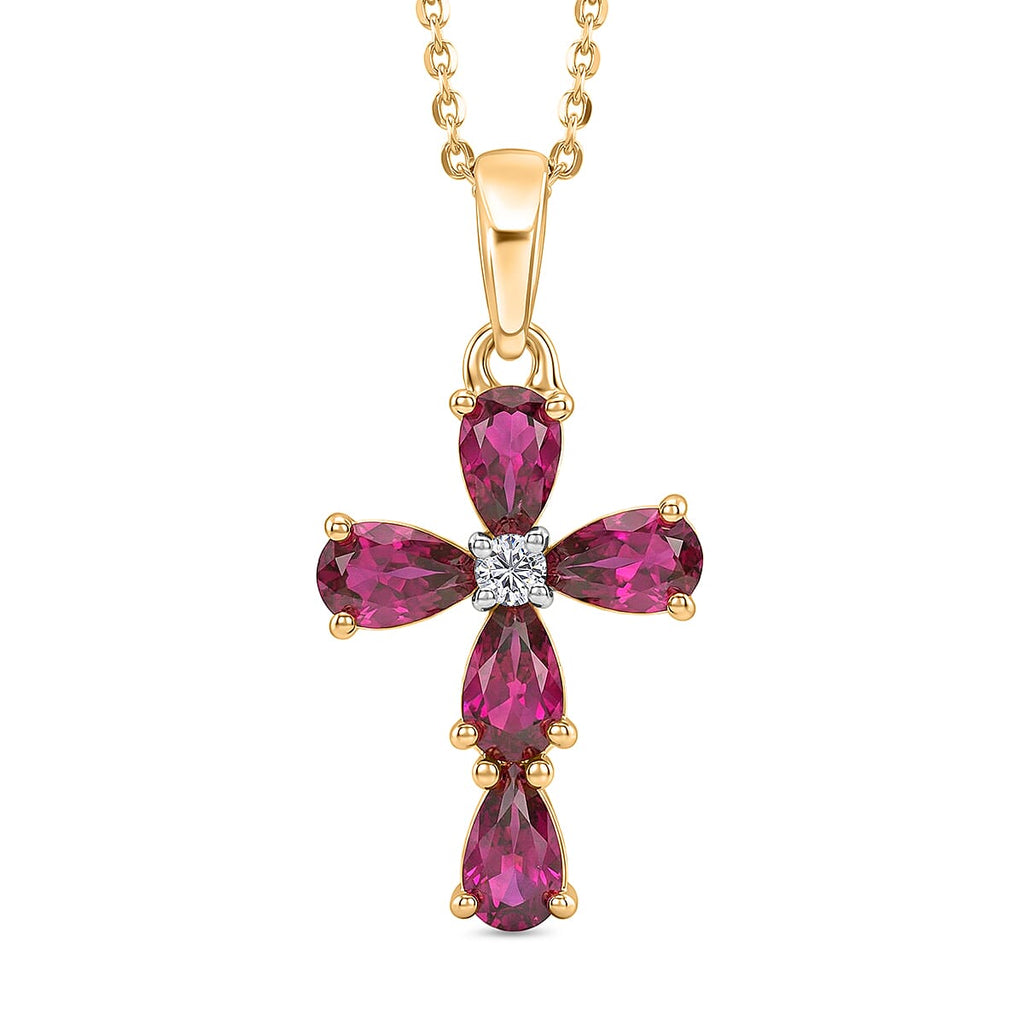 D'Joy Natural Radiant Ember Garnet & Lab Grown Diamond Cross Pendant with Chain (Size 20) in 18K Vermeil Yellow Gold Plated Sterling Silver 1.59 Ct.