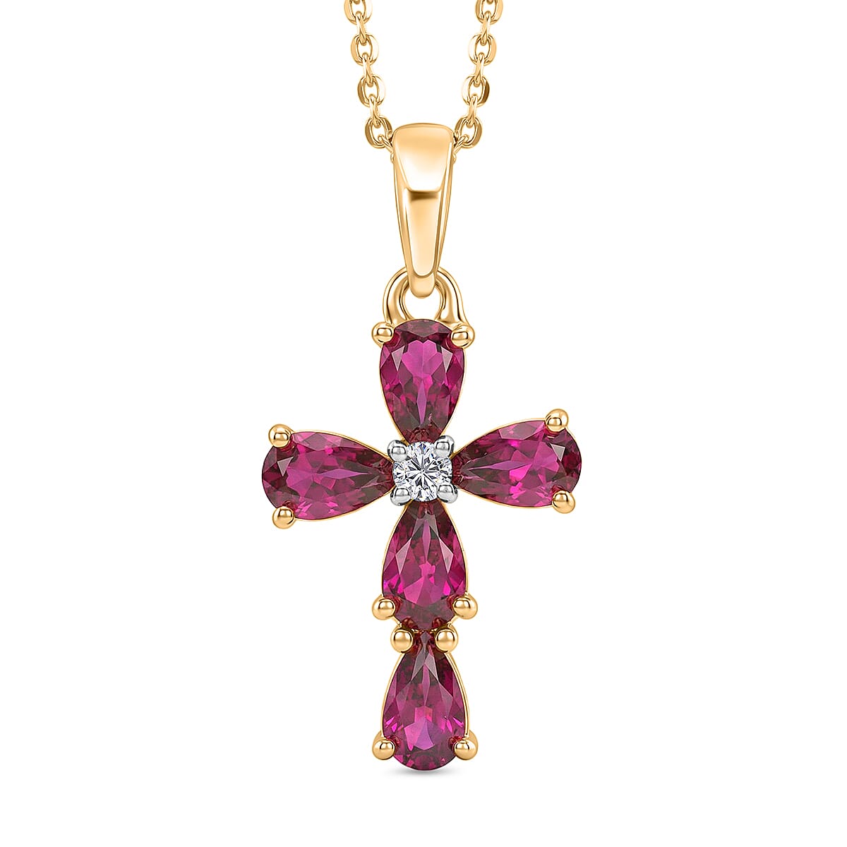 D'Joy Natural Radiant Ember Garnet &amp; Lab Grown Diamond Cross Pendant with Chain (Size 20) in 18K Vermeil Yellow Gold Plated Sterling Silver 1.59 Ct. 4450230 0