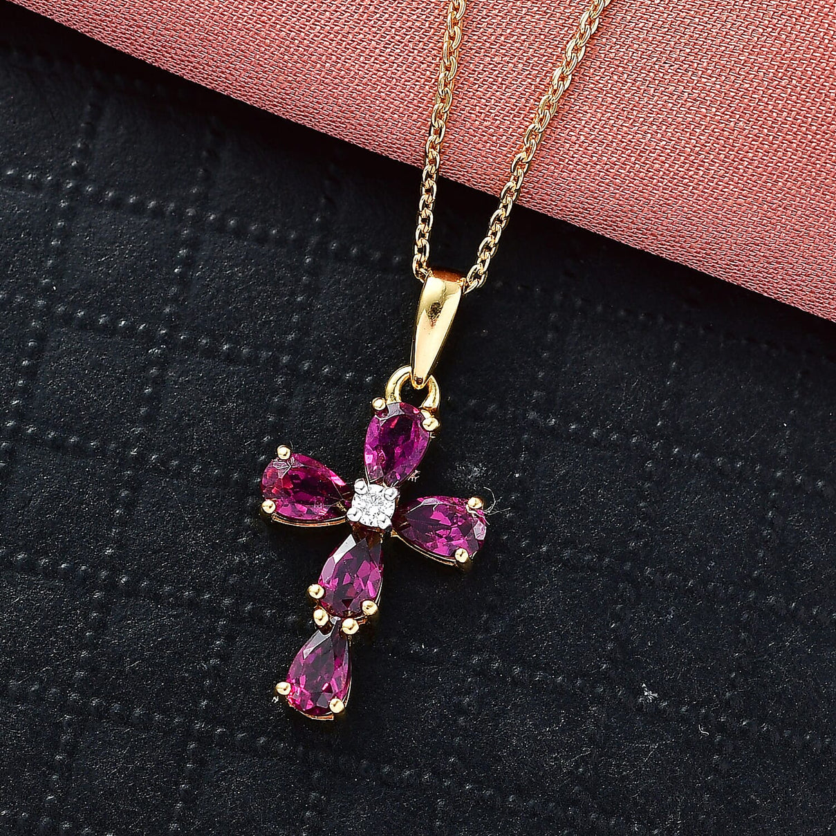 D'Joy Natural Radiant Ember Garnet &amp; Lab Grown Diamond Cross Pendant with Chain (Size 20) in 18K Vermeil Yellow Gold Plated Sterling Silver 1.59 Ct. 4450230 2