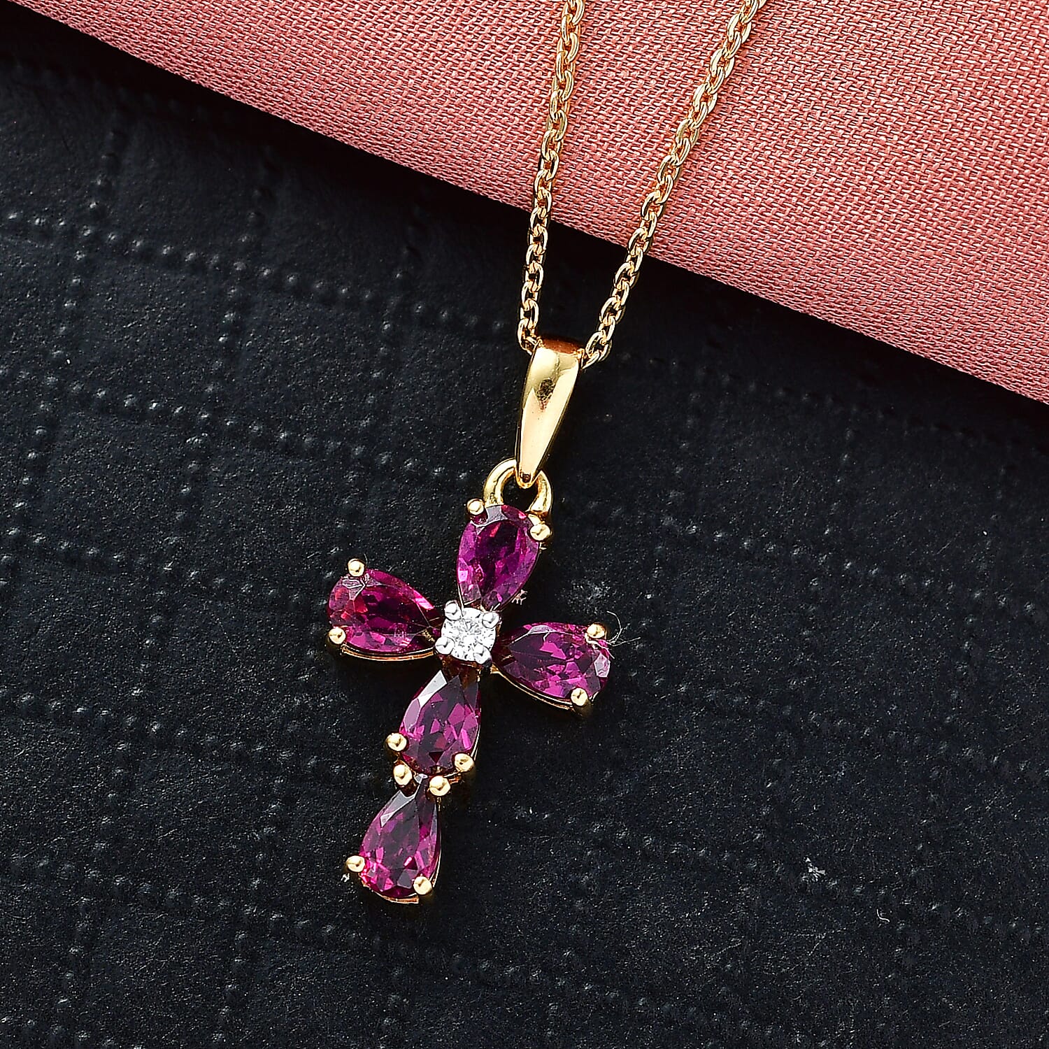 D'Joy Natural Radiant Ember Garnet &amp; Lab Grown Diamond Cross Pendant with Chain (Size 20) in 18K Vermeil Yellow Gold Plated Sterling Silver 1.59 Ct. 4450230 2