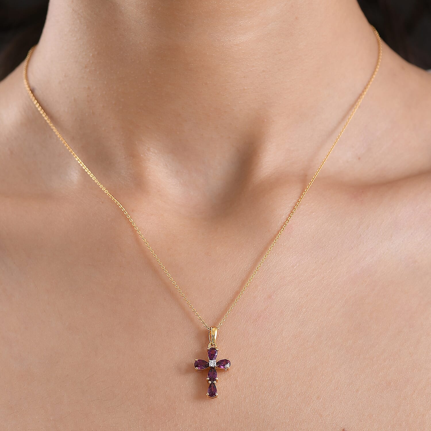 D'Joy Natural Radiant Ember Garnet &amp; Lab Grown Diamond Cross Pendant with Chain (Size 20) in 18K Vermeil Yellow Gold Plated Sterling Silver 1.59 Ct. 4450230 3