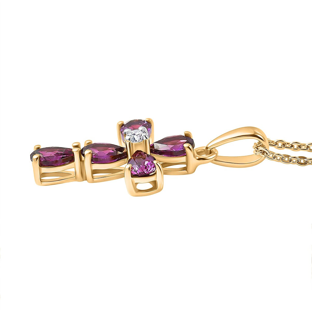 D'Joy Natural Radiant Ember Garnet & Lab Grown Diamond Cross Pendant with Chain (Size 20) in 18K Vermeil Yellow Gold Plated Sterling Silver 1.59 Ct.