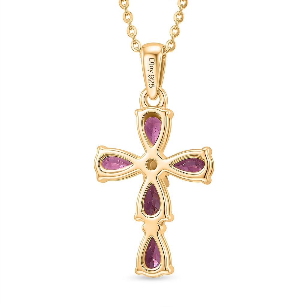 D'Joy Natural Radiant Ember Garnet & Lab Grown Diamond Cross Pendant with Chain (Size 20) in 18K Vermeil Yellow Gold Plated Sterling Silver 1.59 Ct.