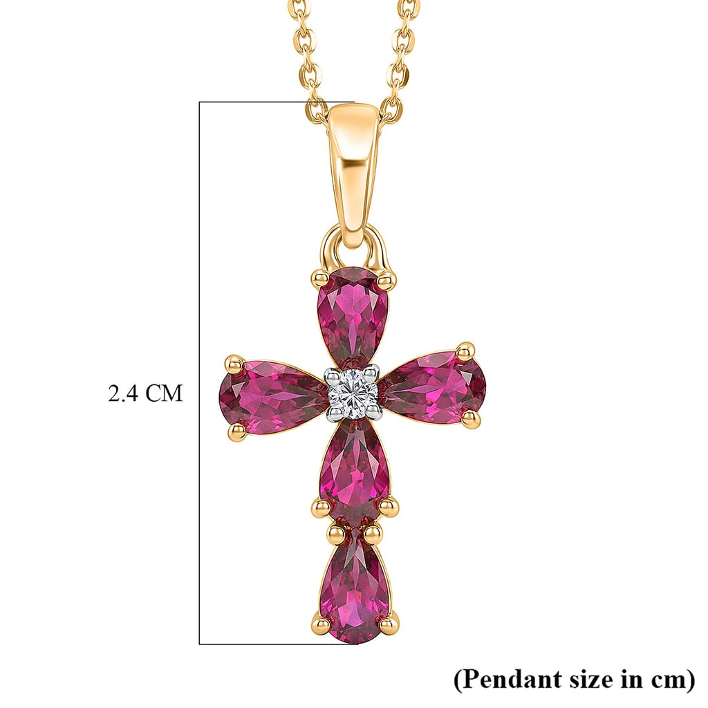 D'Joy Natural Radiant Ember Garnet & Lab Grown Diamond Cross Pendant with Chain (Size 20) in 18K Vermeil Yellow Gold Plated Sterling Silver 1.59 Ct.