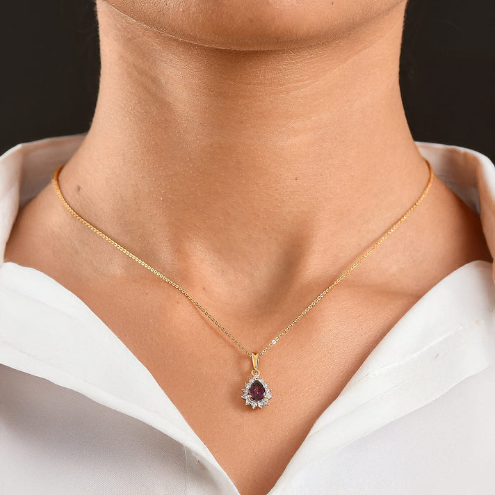 Luxuriant - AAA Purple Garnet &amp; Lab Grown Diamond (SI-G-H) Halo Pendant with Chain (Size 20) in 18K Vermeil Yellow Gold Plated Sterling Silver 1.05 Ct. 4471623 2