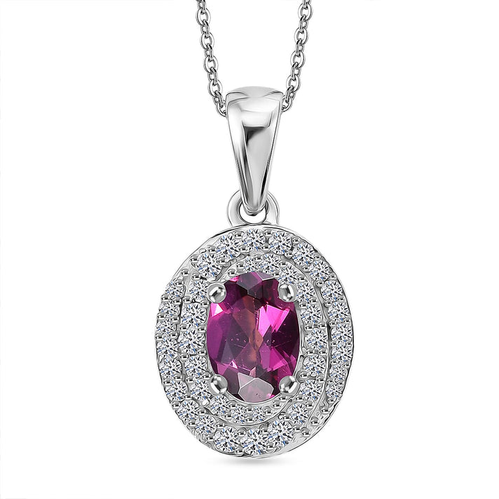 Luxuriant - Natural Radiant Ember Garnet &amp; Lab Grown Diamond (SI-G-H) Halo Pendant with Chain (Size 20) in Rhodium Overlay Sterling Silver 1.26 Ct. 4471619 1