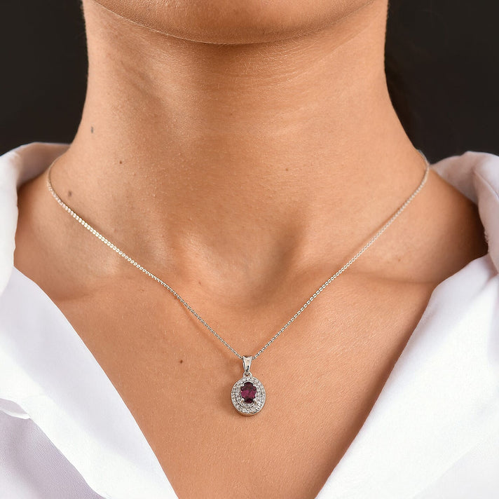 Luxuriant - Natural Radiant Ember Garnet &amp; Lab Grown Diamond (SI-G-H) Halo Pendant with Chain (Size 20) in Rhodium Overlay Sterling Silver 1.26 Ct. 4471619 2