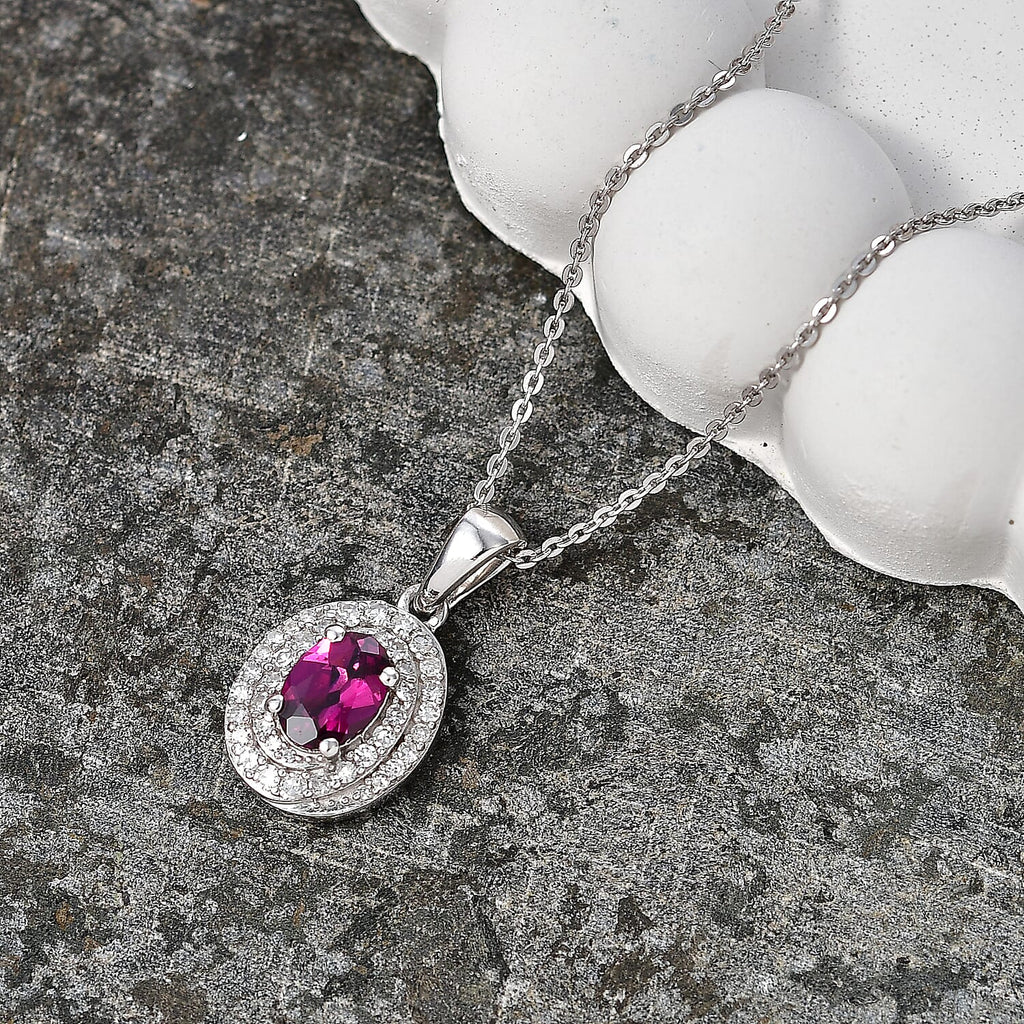 Luxuriant - Natural Radiant Ember Garnet & Lab Grown Diamond (SI-G-H) Halo Pendant with Chain (Size 20) in Rhodium Overlay Sterling Silver 1.26 Ct.
