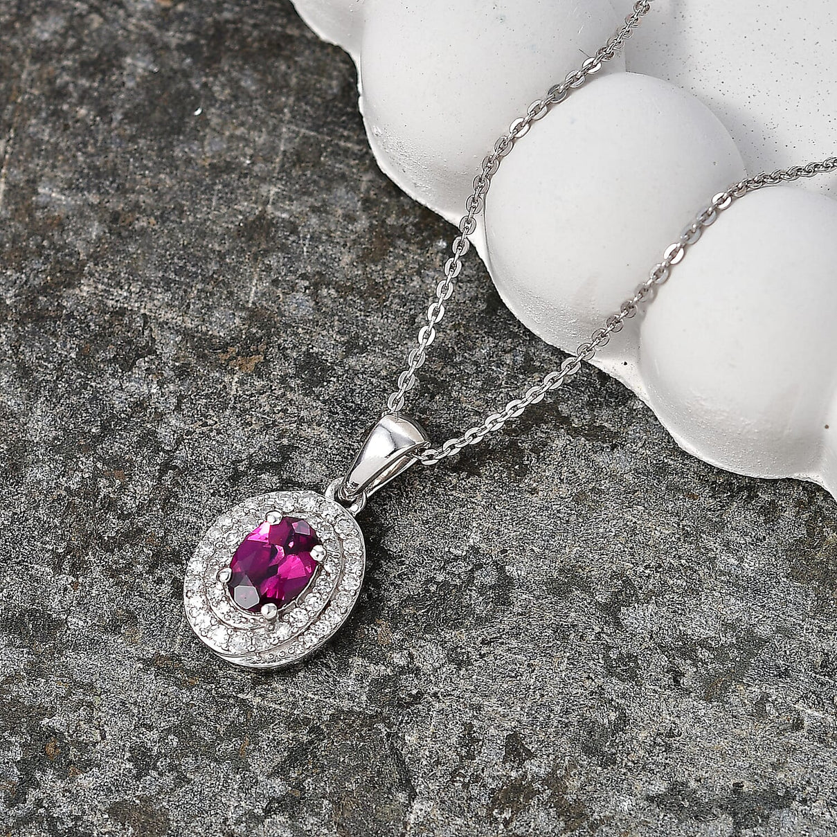 Luxuriant - Natural Radiant Ember Garnet &amp; Lab Grown Diamond (SI-G-H) Halo Pendant with Chain (Size 20) in Rhodium Overlay Sterling Silver 1.26 Ct. 4471619 3