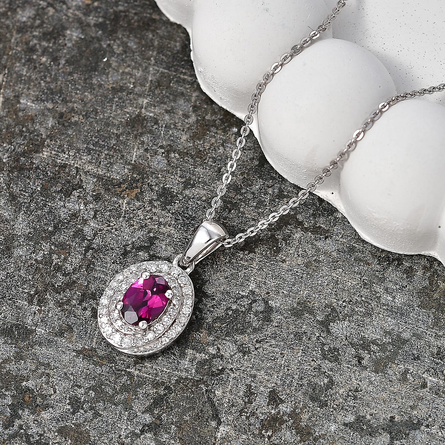 Luxuriant - Natural Radiant Ember Garnet &amp; Lab Grown Diamond (SI-G-H) Halo Pendant with Chain (Size 20) in Rhodium Overlay Sterling Silver 1.26 Ct. 4471619 3