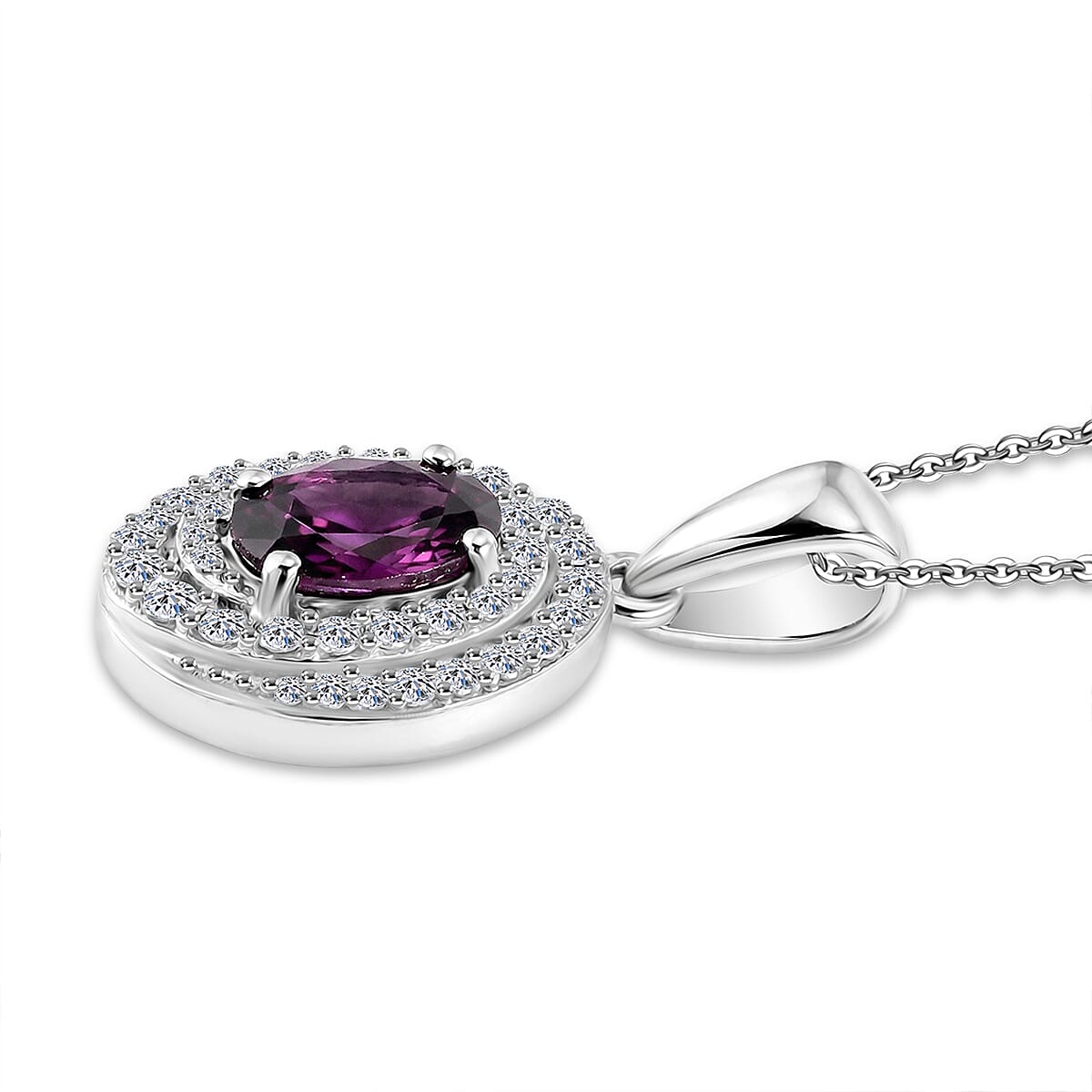 Luxuriant - Natural Radiant Ember Garnet &amp; Lab Grown Diamond (SI-G-H) Halo Pendant with Chain (Size 20) in Rhodium Overlay Sterling Silver 1.26 Ct. 4471619 4