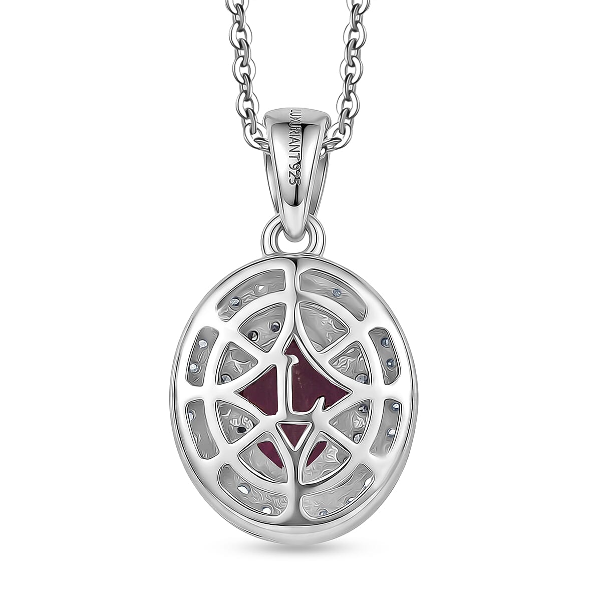 Luxuriant - Natural Radiant Ember Garnet &amp; Lab Grown Diamond (SI-G-H) Halo Pendant with Chain (Size 20) in Rhodium Overlay Sterling Silver 1.26 Ct. 4471619 5